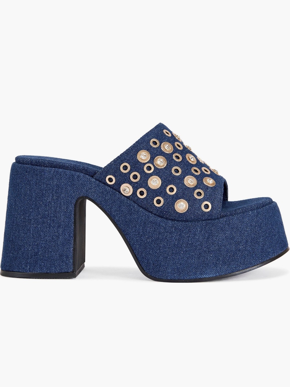 Azalea Wang Theodora Denim Platform Block Sandals with Grommet Detail